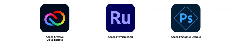 Adobe Creative Cloud Express, Adobe Premier Rush, and Adobe Photoshop Express Logos