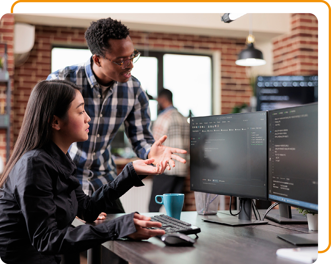 Image of two IT professionals looking at information on a computer