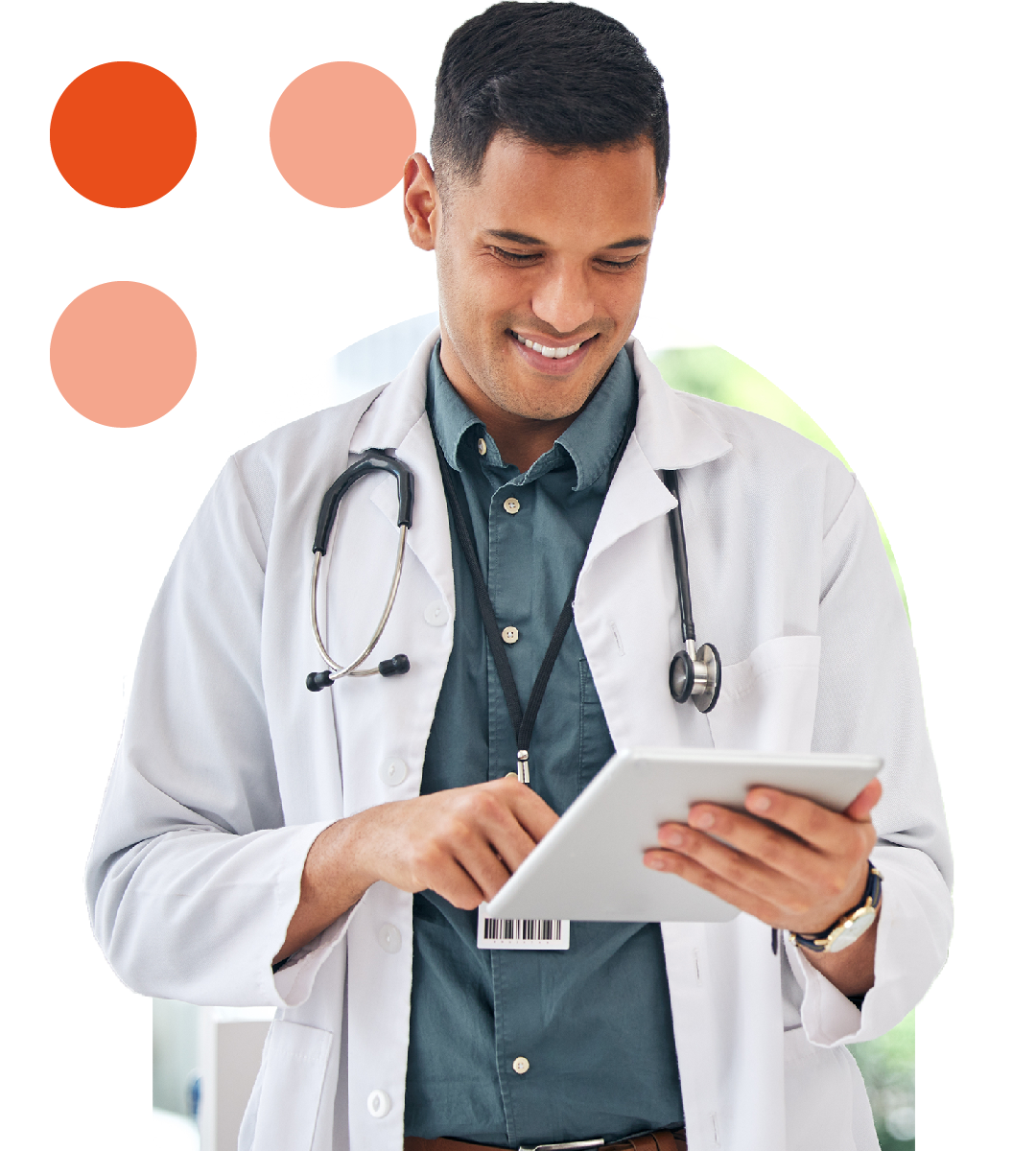 Image of a smiling doctor holding a tablet