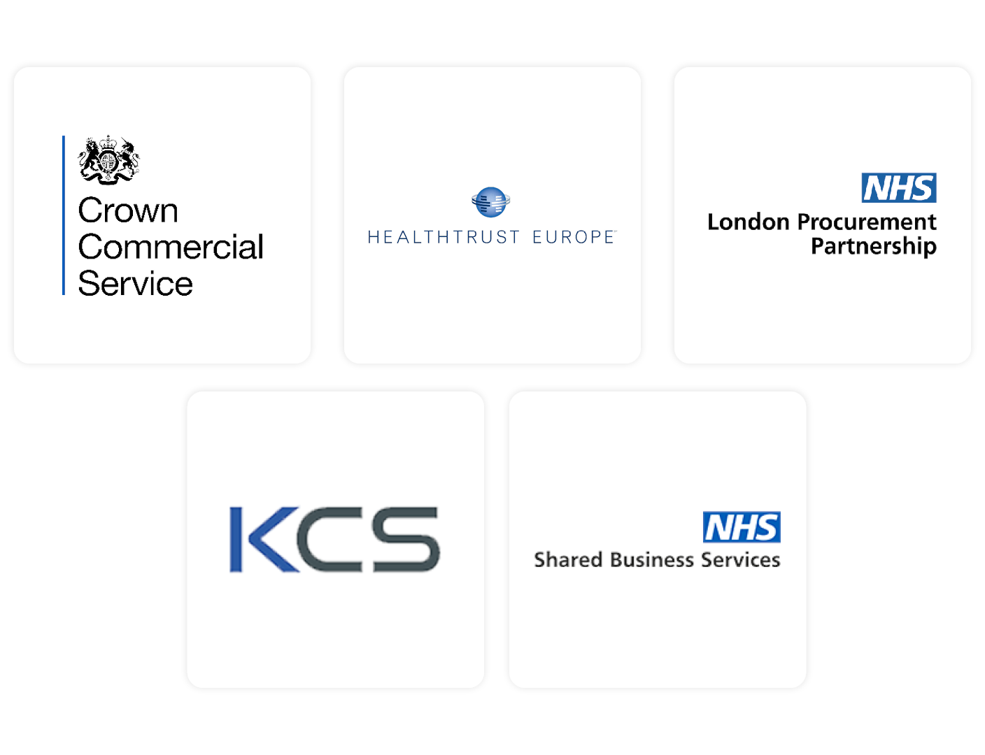 Image of our healthcare accreditations: Crown Commercial Services, Healthtrust Europe, NHS London Procurement Partnership, KCS, and NHS Shared Business Services