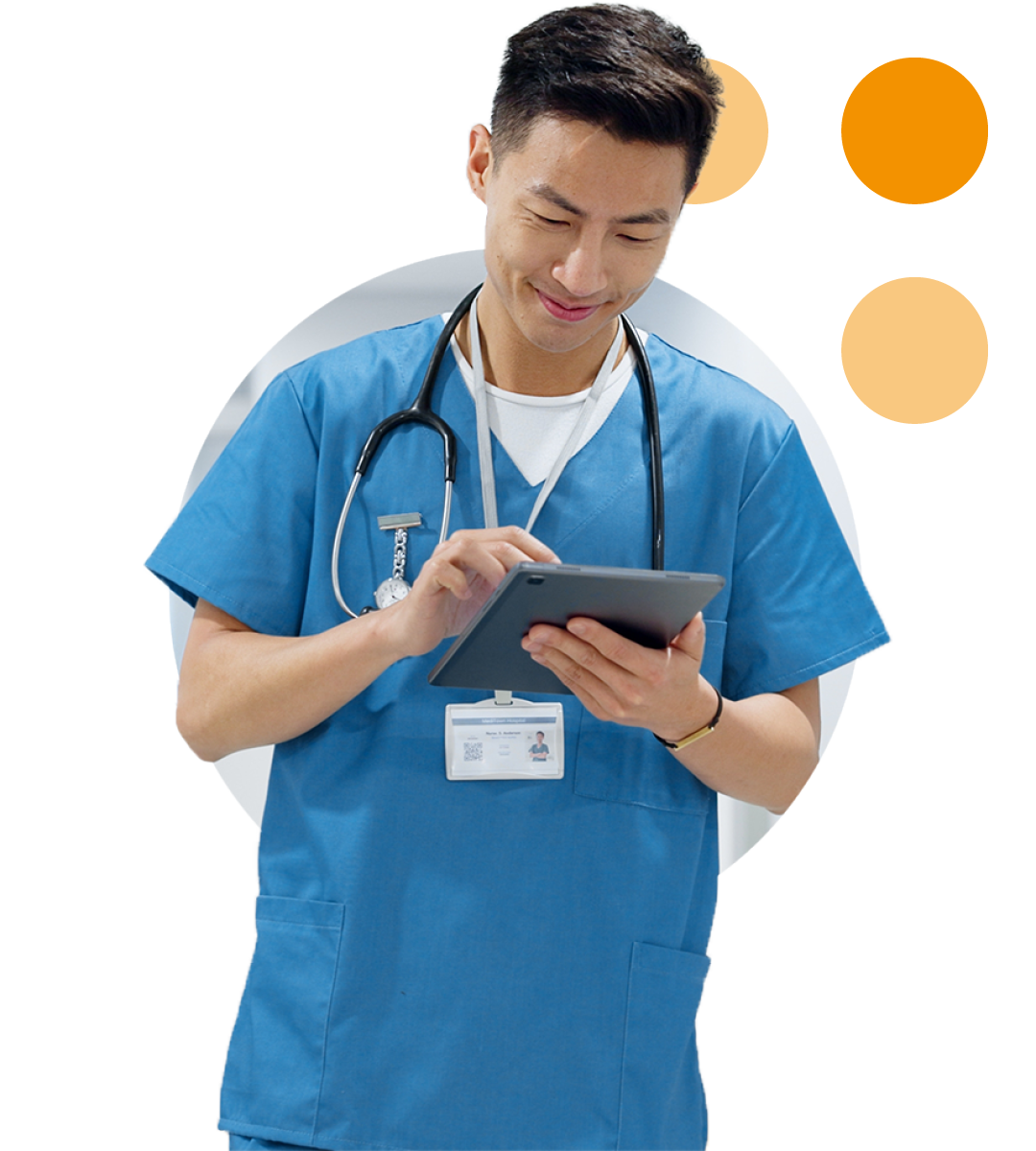 Image of a smiling doctor holding a tablet