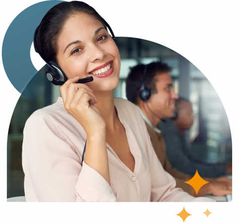 Person smiling while speaking on a headset