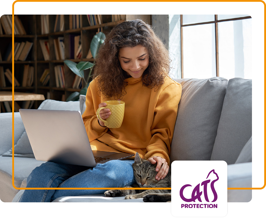 Image of a person sat on a sofa with a cat with the Cats Protection logo