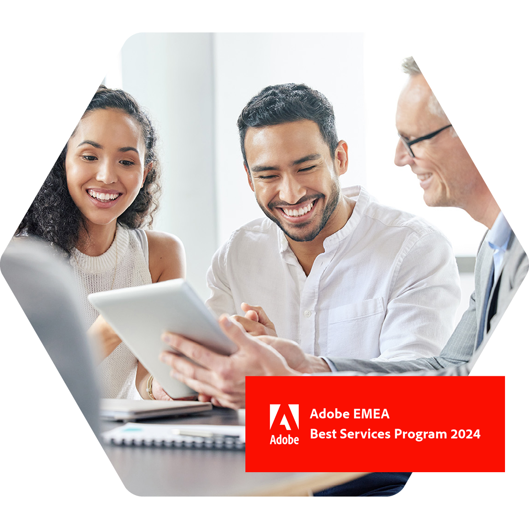 Image of a group of people sat in a workshop with our Adobe EMEA Best Services Program 2024 logo