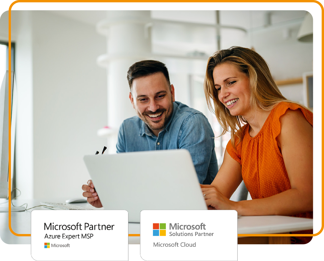 Image of two business professionals working on a laptop together with our Microsoft Azure Expert MSP and Microsoft Cloud Solutions logos