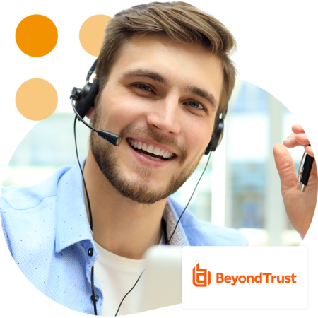 Image of a smiling IT professional talking on a headset with the BeyondTrust logo