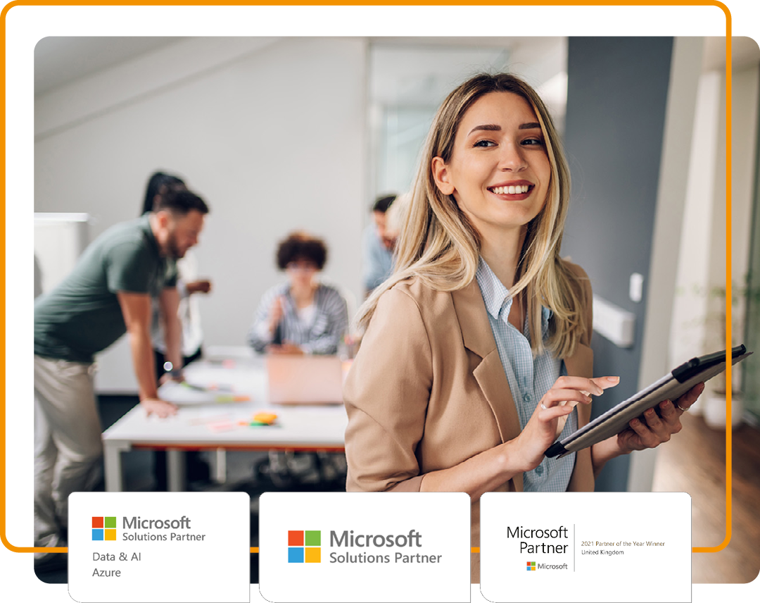 Image of a smiling person in an office with our Microsoft Data and AI specialist and Microsoft Solutions Partner logos and Microsoft 2021 UK Partner of the Year award logo