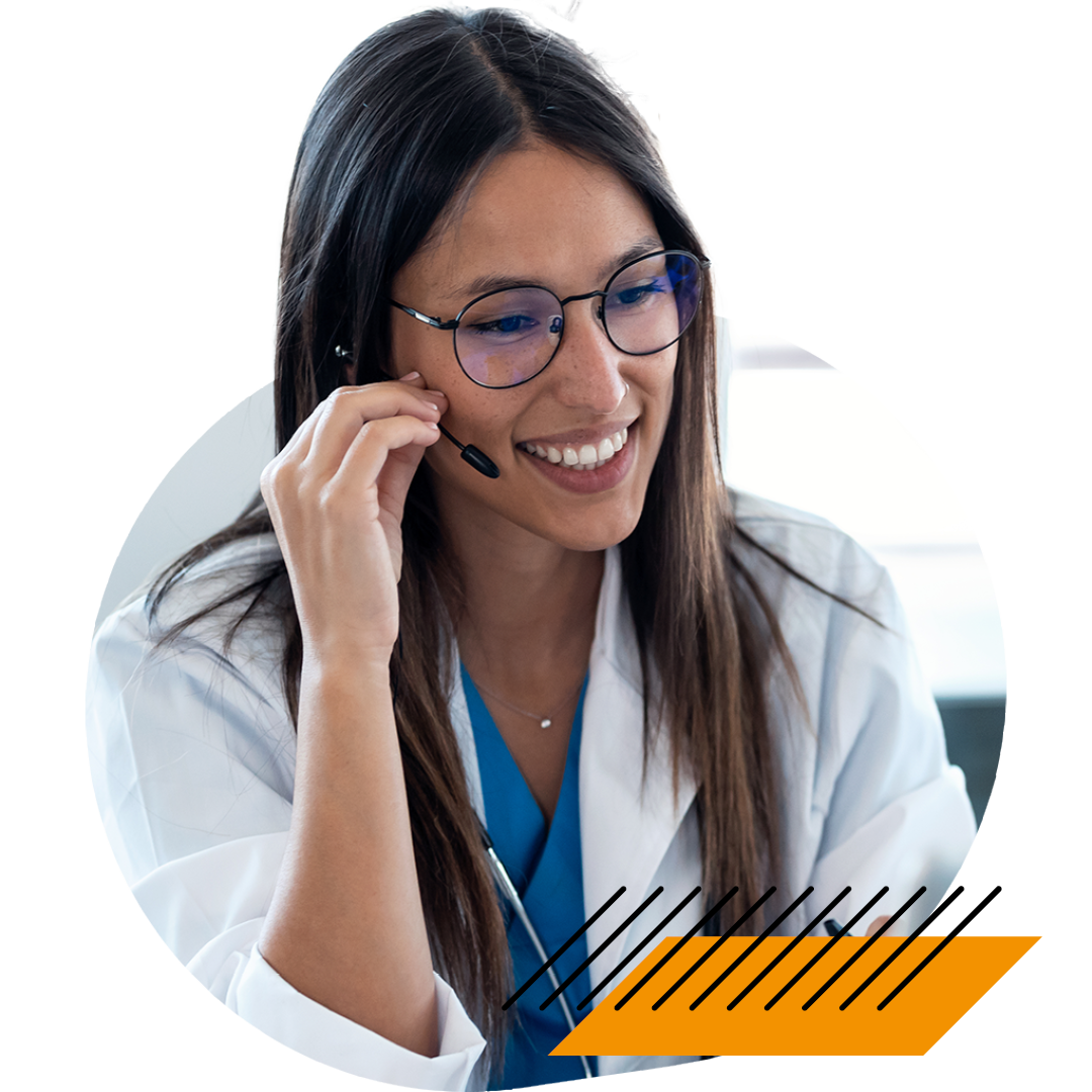 Image of a smiling doctor talking on a headset