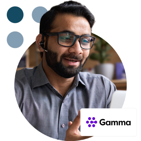 Image of a business professional talking on a virtual meeting with the Gamma Communications logo