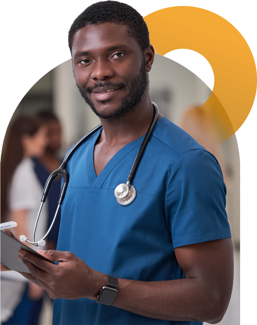 Image of a doctor stood with a clipboard in their hands