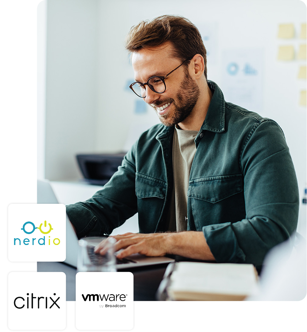 Image of a person working on a laptop with the Nerdio, Citrix, and VMware logos