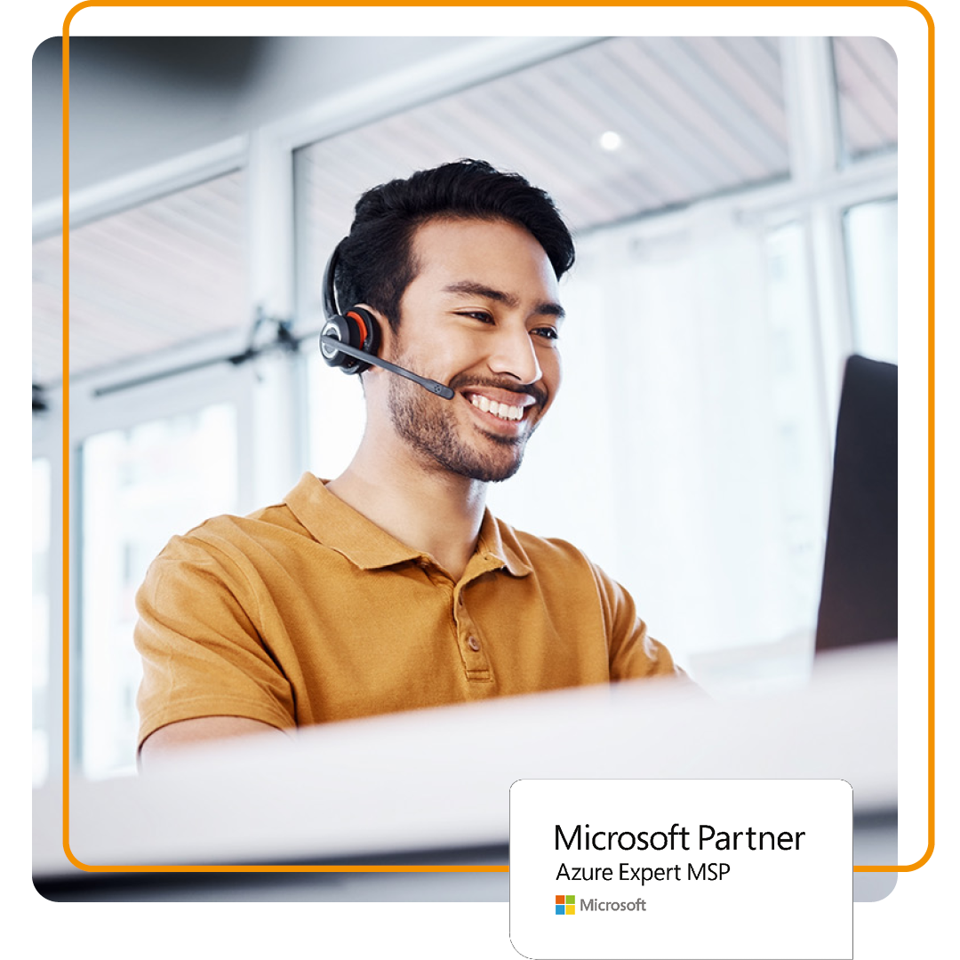 Image of an IT support professional talking on a headset with our Microsoft Azure Expert MSP logo