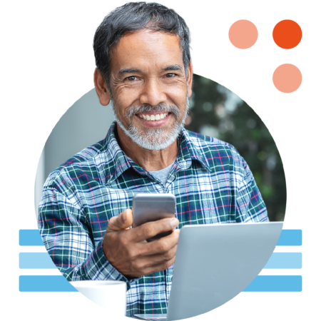 Image of a smiling work professional holding a mobile phone