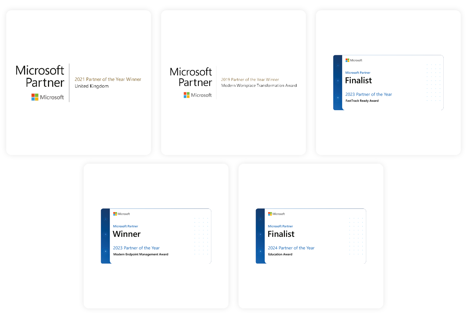 Image of Phoenix Softwares following Microsoft awards: Microsoft 2019 UK Transformation Partner of the Year, 2021 UK Partner of the Year, Modern Endpoint Management Partner of the Year Winner, 2023 FastTrack Partner of the Year Finalist, and 2024 Education Partner of the Year Finalist