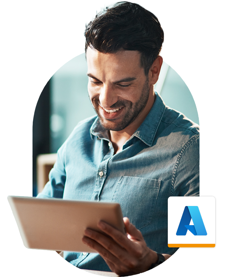 Image of a business professional holding a tablet with the Microsoft Azure logo