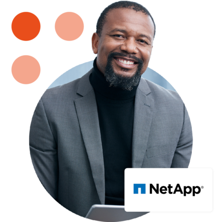 Image of a smiling business professional holding a tablet with the NetApp logo