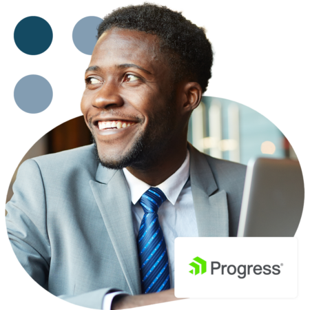 Image of a smiling business professional with the Progress logo