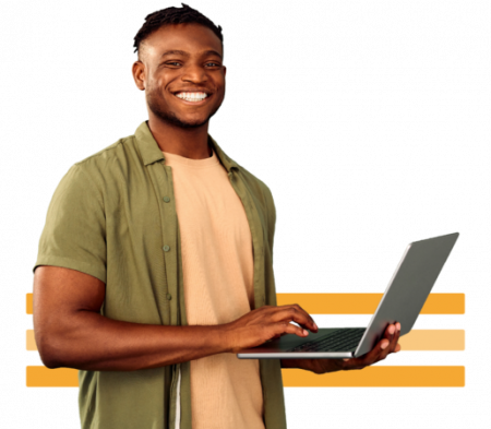 Image of a smiling person holding a laptop