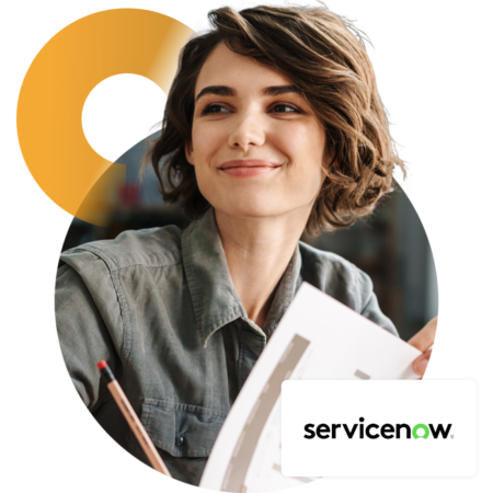 Image of a smiling business professional with the ServiceNow logo