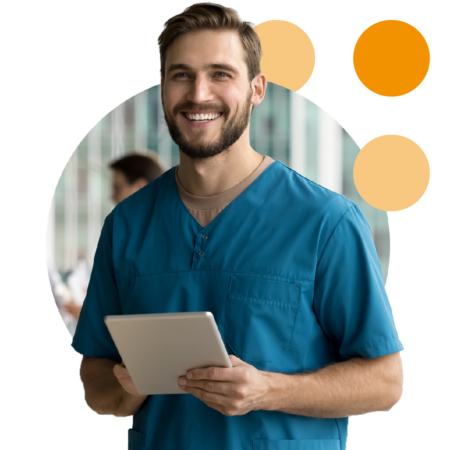 Image of a smiling doctor holding a tablet