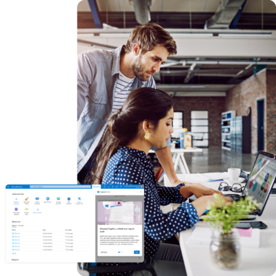 Image of two colleagues working on a laptop with a screenshot of Copilot for Azure