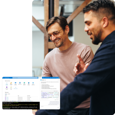 Image of two colleagues working on a laptop with a screenshot of Copilot for Azure