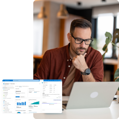 Image of a person working on a laptop with a screenshot of Copilot for Azure