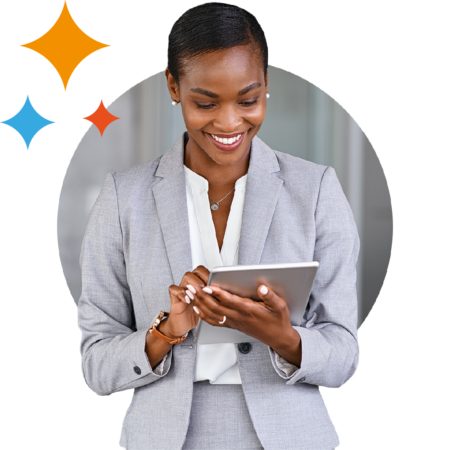 Image of a smiling business person holding a tablet