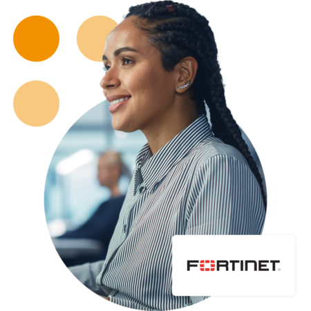 Image of a smiling IT professional with the Fortinet logo