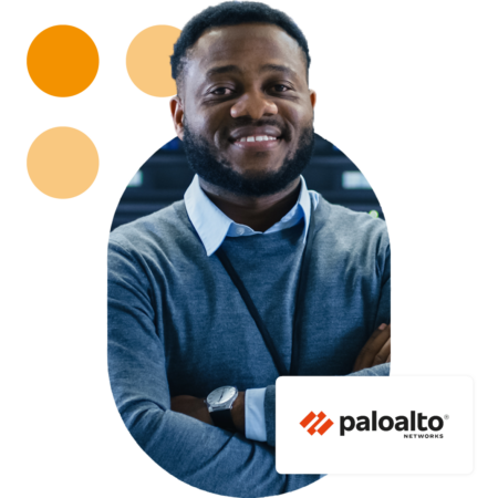 Image of a smiling IT professional stood in a server room with the Palo Alto logo