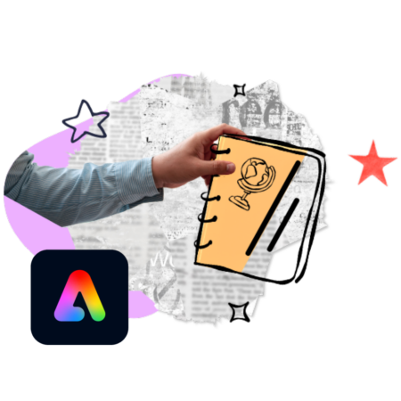 Graphical image of someone holding a notepad with the Adobe Express logo