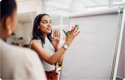 business woman giving presentation at a drawing board